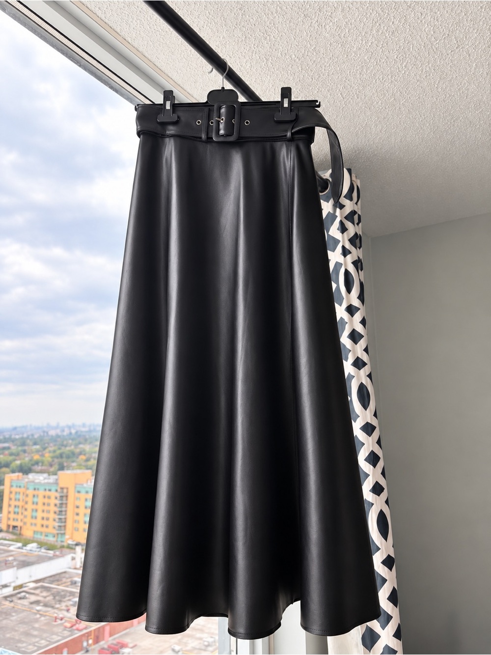 Zara Black Faux Leather A-Line Midi Skirt with Belted Waist